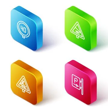 Set Isometric line Speed limit traffic, Steep ascent and descent road, Warn.. Stock Illustration