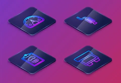 Set Isometric line Speedometer, Car inspection, muffler and Fuse. Blue squa.. Stock Illustration