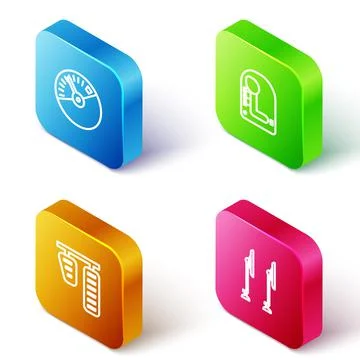 Set Isometric line Speedometer, Gear shifter, Car gas and brake pedals and Wi Illustration