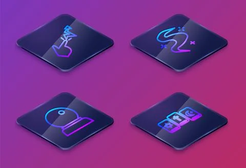 Set Isometric line Spell, Magic ball, fog or smoke and Three tarot cards. Blue Ilustração Stock