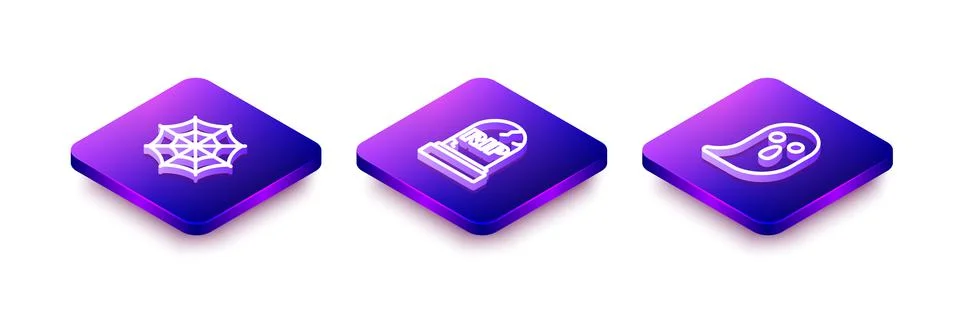 Set Isometric line Spider web, Tombstone with RIP written and Ghost icon. Vector Stock Illustration