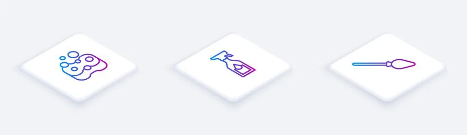 Set Isometric line Sponge, Cleaning spray bottle and Handle broom. White square Illustration