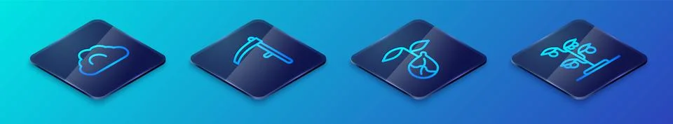 Set Isometric line Sprout, Cloudy weather, and Scythe icon. Vector Illustrazione stock