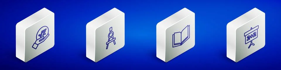 Set Isometric line Square root of x glyph, Drawing compass, Open book and Stock Illustration