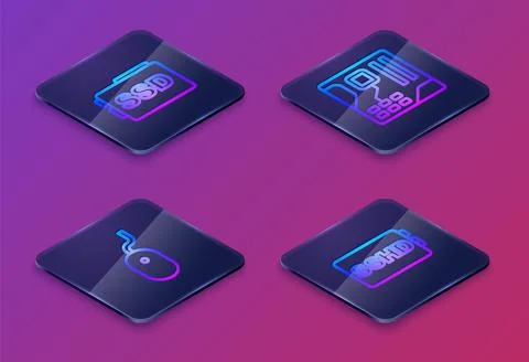 Set Isometric line SSD card, Computer mouse, Motherboard digital chip and SSH 스톡 일러스트