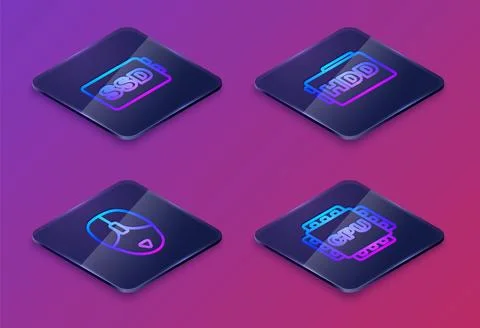 Set Isometric line SSD card, Computer mouse, Hard disk drive HDD and Proces.. Illustrazione stock