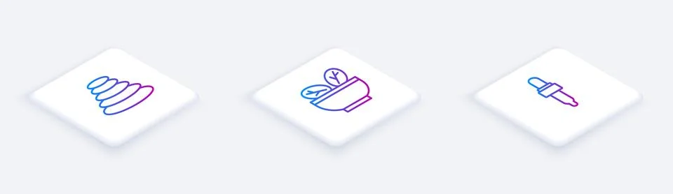 Set Isometric line Stack hot stones, Salad in bowl and Pipette with oil. Wh.. Stock Illustration