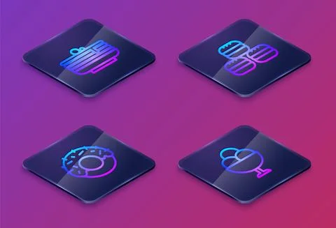 Set Isometric line Stack of pancakes, Donut, Macaron cookie and Ice cream in Stock Illustration