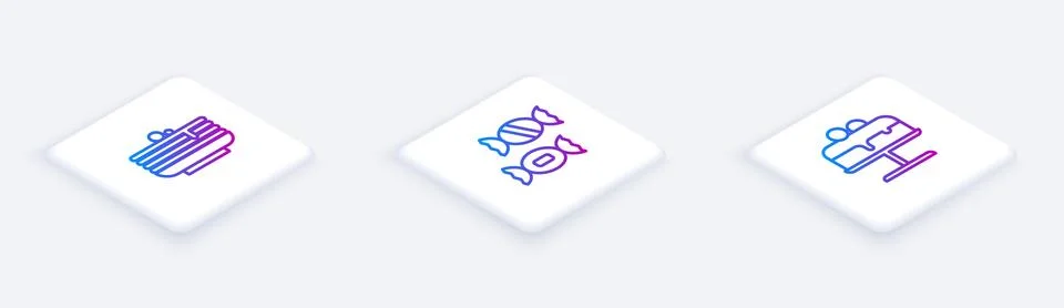 Set Isometric line Stack of pancakes, Candy and Cake on plate. White square Illustrazione stock