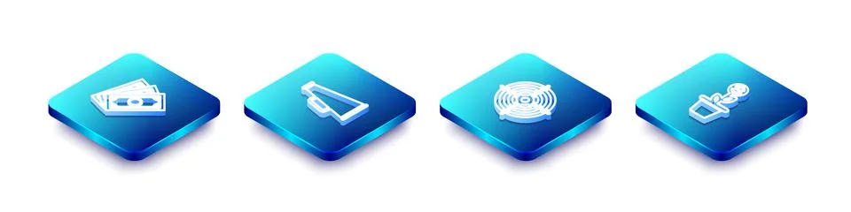 Set Isometric line Stacks paper money cash, Megaphone, Target sport and Dollar Illustrazione stock
