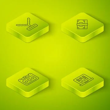 Set Isometric line Stacks paper money cash, Retro audio cassette tape, Sound or Stock Illustration