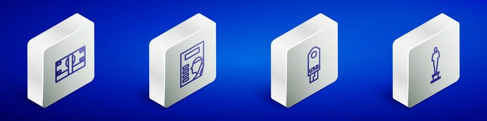 Set Isometric line Stacks paper money cash, Cinema poster, USB flash drive .. Stock Illustration
