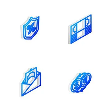 Set Isometric line Stacks paper money cash, Loan percent, Envelope with dol.. Stock Illustration