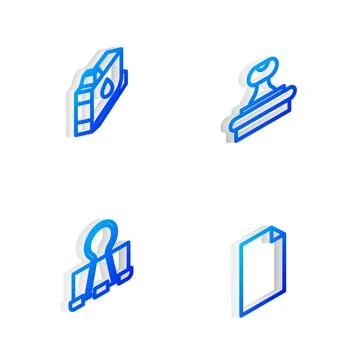 Set Isometric line Stamp, Printer ink cartridge, Binder clip and Empty docume Stock Illustration