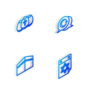 Set Isometric line Star and crescent, Easter egg, Kaaba mosque and Jewish Stock Illustration