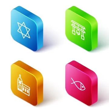 Set Isometric line Star of David, Japan Gate, Church building and Christian fish Ilustración de archivo