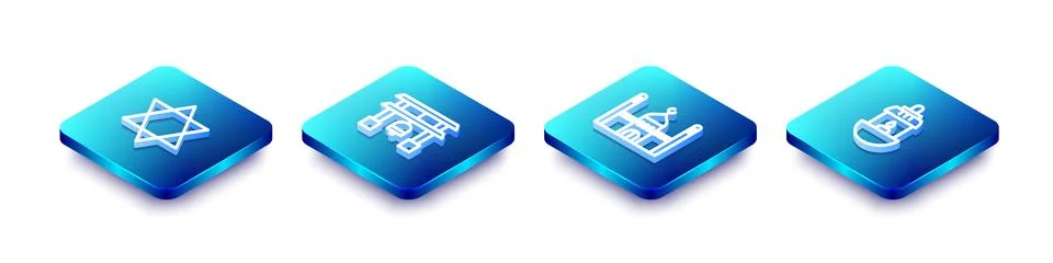 Set Isometric line Star of David, Japan Gate, Muslim Mosque and Ramadan Karee Stock Illustration