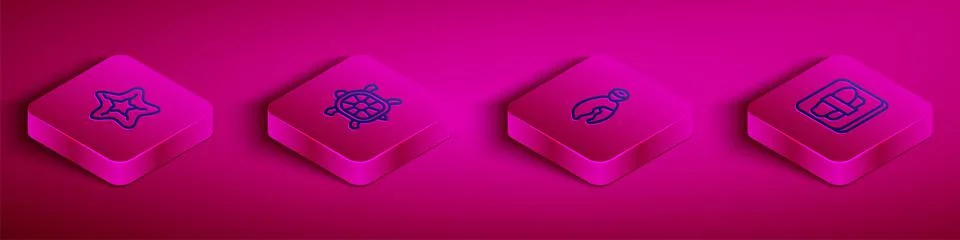 Set Isometric line Starfish, Turtle, Lobster or crab claw and Sushi on cutting 스톡 일러스트