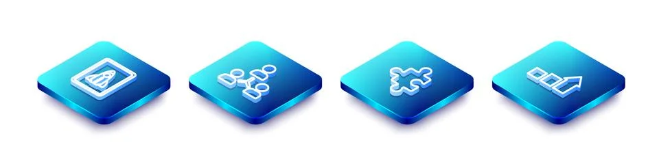 Set Isometric line Startup project concept, Project team base, Piece of puzzle Stock Illustration