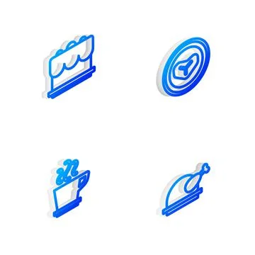 Set Isometric line Steak meat on a plate, Cake, Coffee cup and Roasted turkey or Illustrazione stock