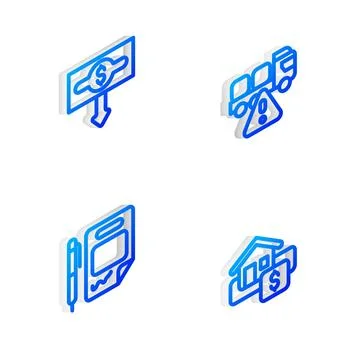 Set Isometric line Stop delivery cargo truck, Dollar rate decrease, Contract 库存插图