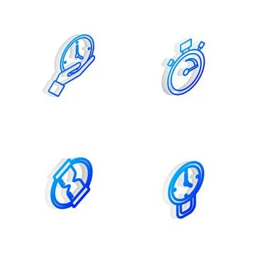 Set Isometric line Stopwatch, Clock, Old hourglass and  icon. Vector Stock Illustration