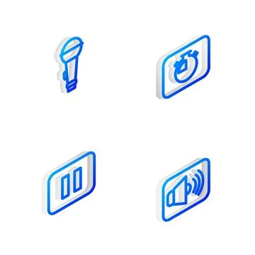 Set Isometric line Stopwatch, Microphone, Pause button and Speaker volume icon Illustrazione stock