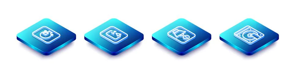 Set Isometric line Stopwatch, Repeat track music player, Speaker mute and Vinyl Stock Illustration