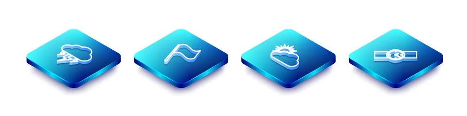 Set Isometric line Storm, Flag, Sun and cloud weather and Wrist watch icon. V Stock Illustration