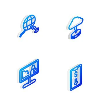 Set Isometric line Storm, Global economic crisis, news and Mobile stock trading Illustrazione stock