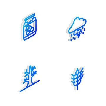 Set Isometric line Storm, Jam jar, Bare tree and Wheat icon. Vector Stock Illustration