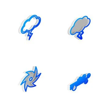 Set Isometric line Storm, , Tornado and Wind and rain with snow icon. Vector Stock Illustration