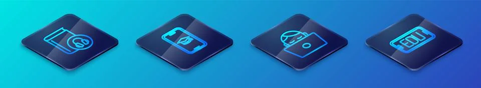 Set Isometric line Student working at laptop, Audio book, Online education and Illustrazione stock