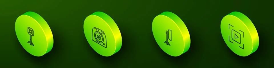 Set Isometric line Studio light bulb in softbox, Photo camera, and Camera focus 스톡 일러스트