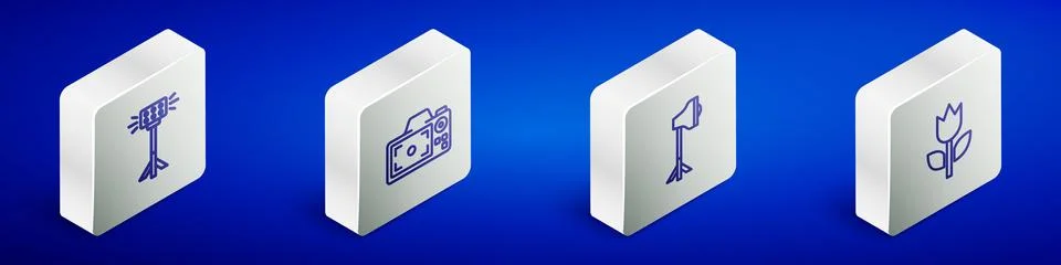 Set Isometric line Studio light bulb in softbox, Photo camera,  and mode ma.. Illustrazione stock