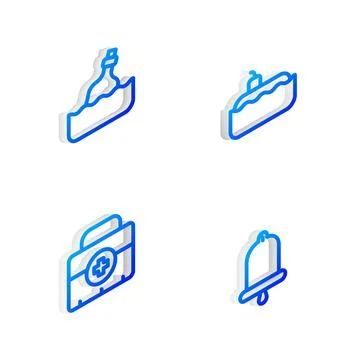 Set Isometric line Submarine, Bottle with message water, First aid kit and .. Stock Illustration
