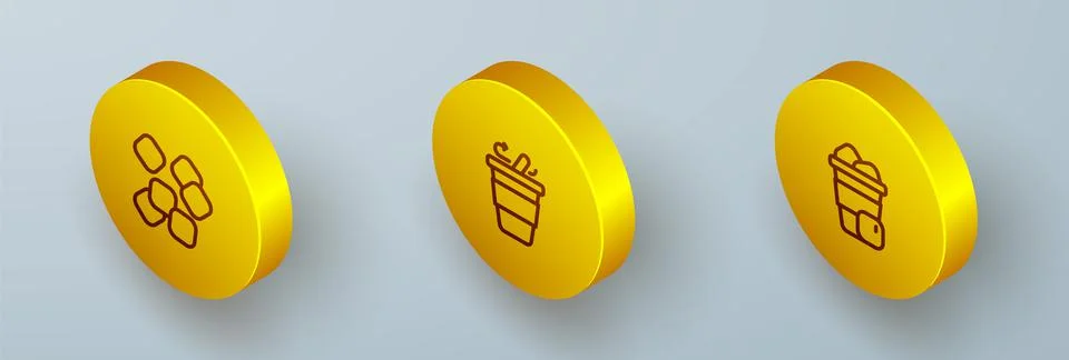 Set Isometric line Sugar cubes, Coffee cup to go and Iced coffee icon. Vector Stock Illustration