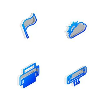 Set Isometric line Sun and cloud weather, Flag, Printer and Air conditioner icon Stock Illustration