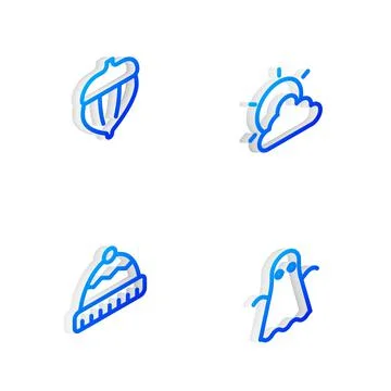 Set Isometric line Sun and cloud weather, Acorn, Winter hat and Ghost icon. V Illustrazione stock
