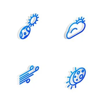 Set Isometric line Sun and cloud, Earth globe sun, Wind and Eclipse of the ic 스톡 일러스트