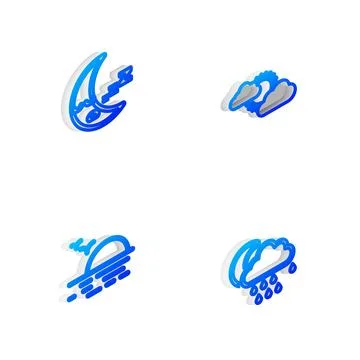 Set Isometric line Sun and cloud weather, Moon icon, Sunset and Cloud with ra Stock Illustration
