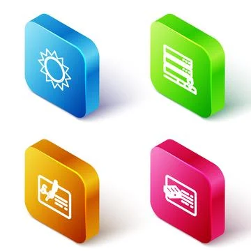 Set Isometric line Sun, Customer care server, Signed document and Financial icon Stock Illustration