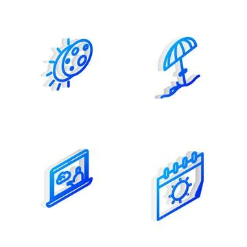 Set Isometric line Sun protective umbrella for beach, Eclipse of the sun, Wea Stock Illustration