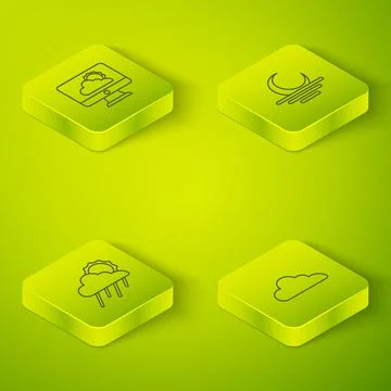 Set Isometric line Sunset, Cloud with rain and sun, and Weather forecast icon Stockillustratie