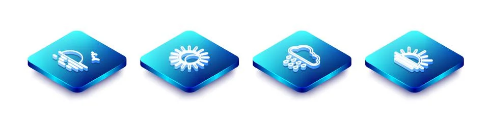Set Isometric line Sunset, Eclipse of the sun, Cloud with rain and  icon. Vec Stock Illustration