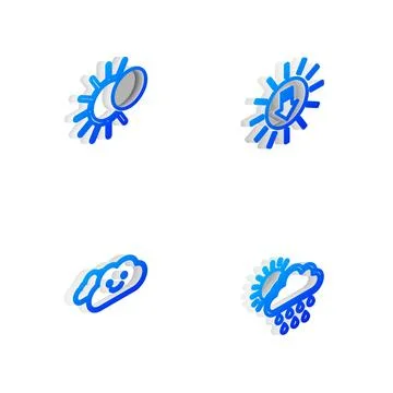 Set Isometric line Sunset, Eclipse of the sun, Cloud and with rain and icon Stockillustratie
