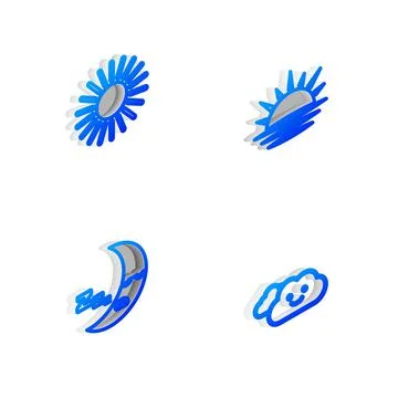 Set Isometric line Sunset, , Moon icon and Cloud icon. Vector Stock Illustration