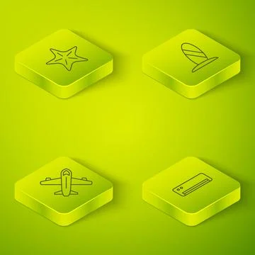 Set Isometric line Surfboard, Plane, Air conditioner and Starfish icon. Vector Stock Illustration