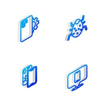 Set Isometric line System bug, Phone repair service, Mobile with broken screen Stockillustratie