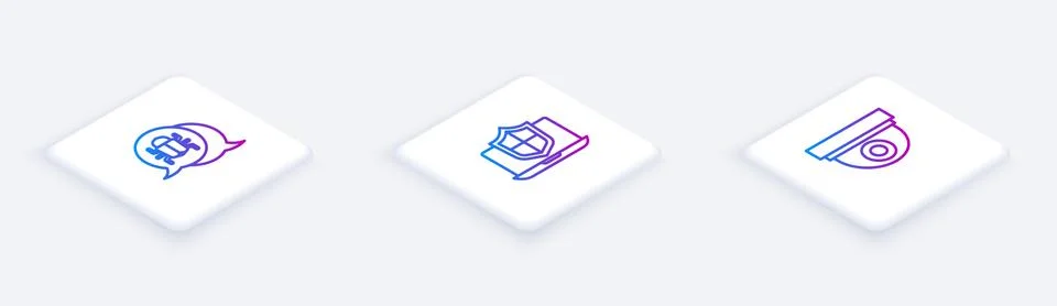 Set Isometric line System bug, Laptop protected with shield and Security camera Illustrazione stock